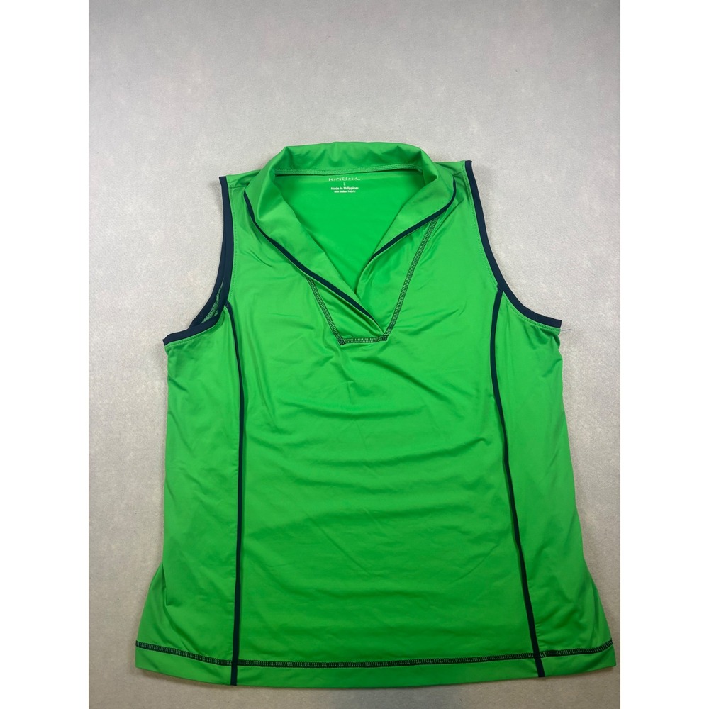 Kinona Womens Golf Top Sleeveless V-Neck Polo Green Navy Blue Size Large